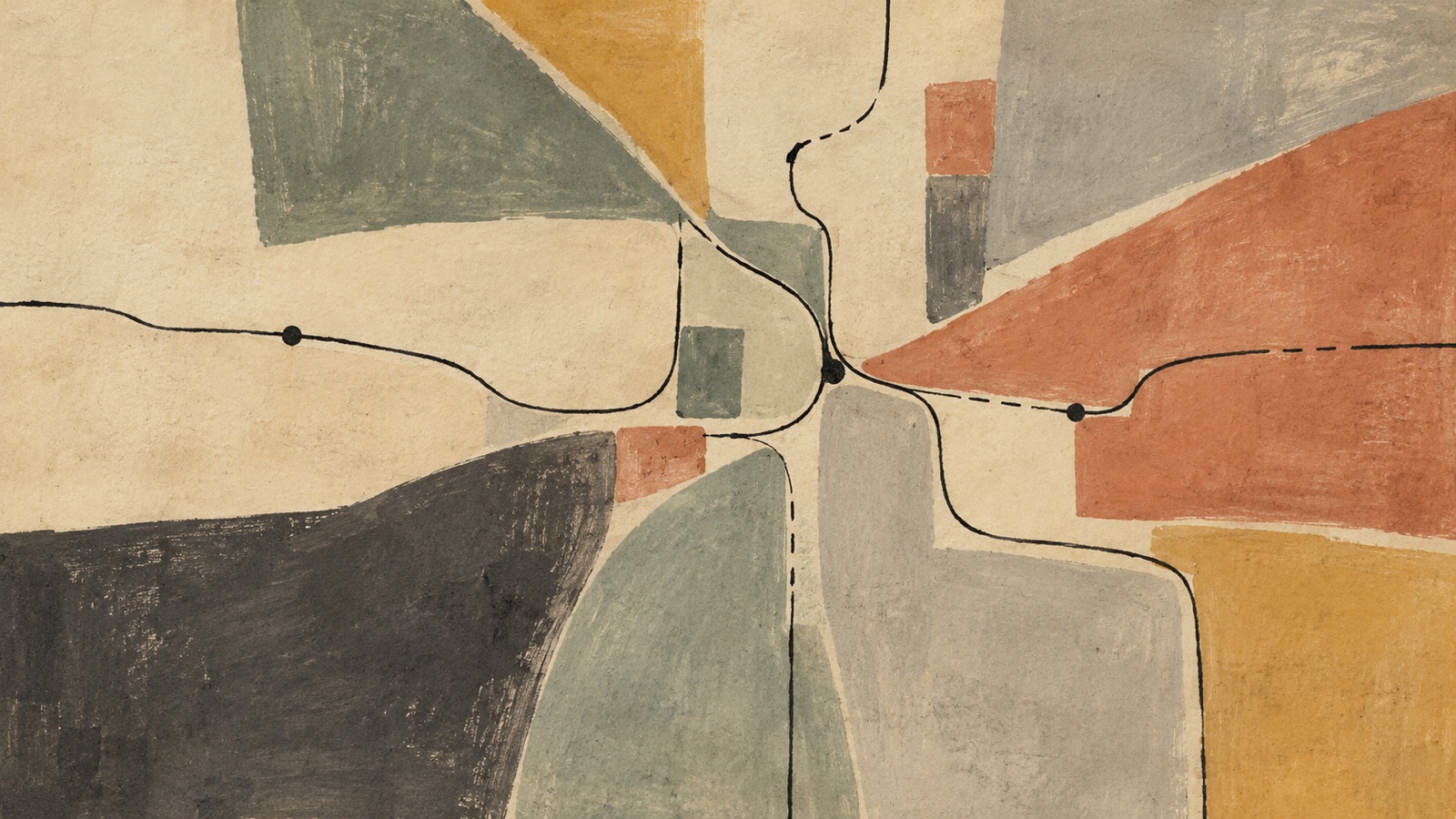 Abstract gouache composition with branching ink lines and uneven fields of ochre, clay and grey-green, suggesting difficult choices
